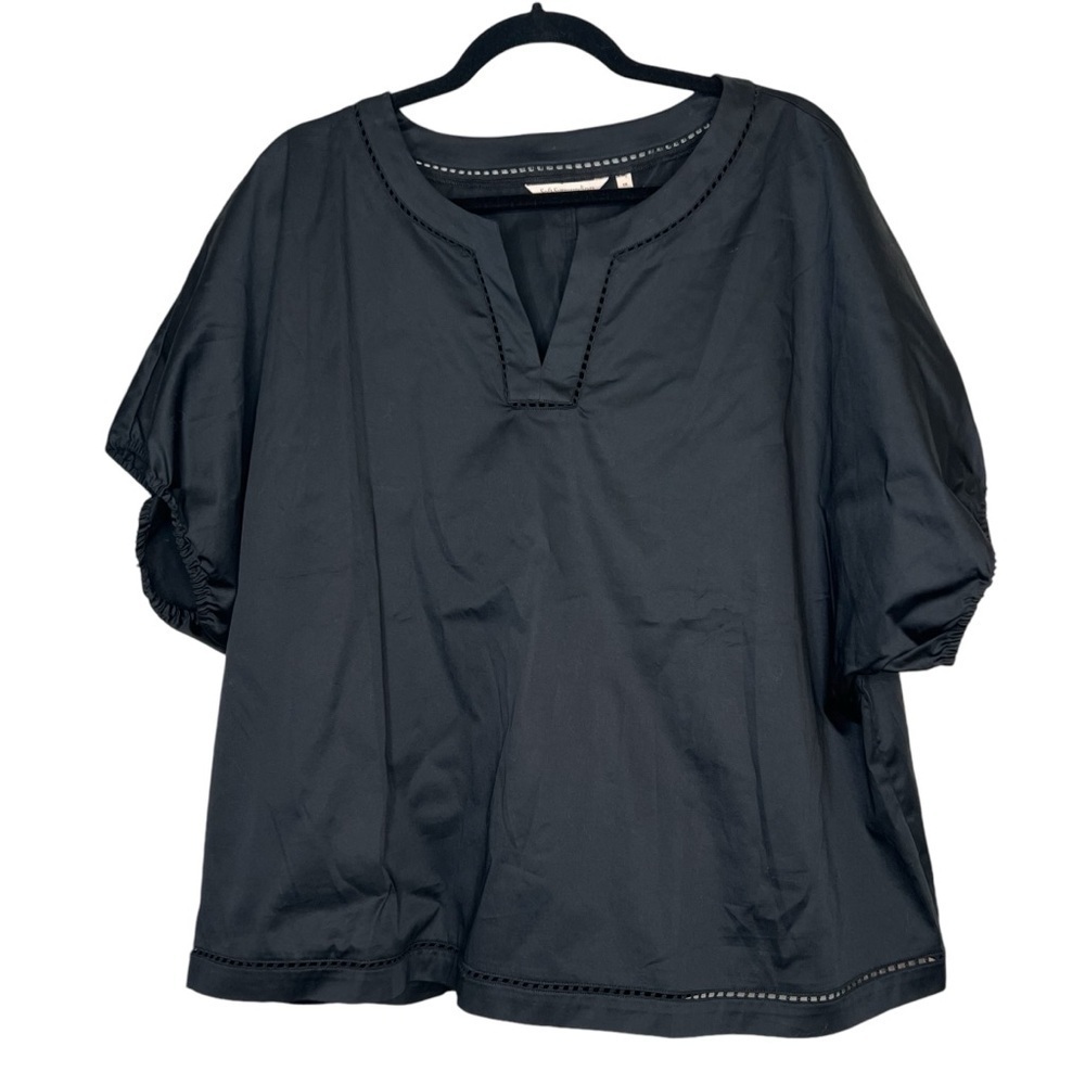 Soft Surroundings Womens Ravenel Top Short Sleeve Black Slit Neck Plus Size 1X